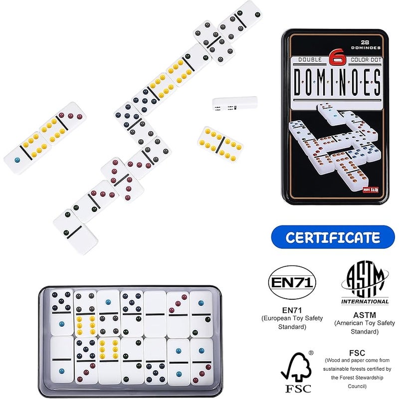 Offelec Double Six Dominoes, 28 Tile Colored Dots Domino Game Set with Tin Box, Classic Family Board Games for Kids, Adults and Families for 2-4 Players - Image 3