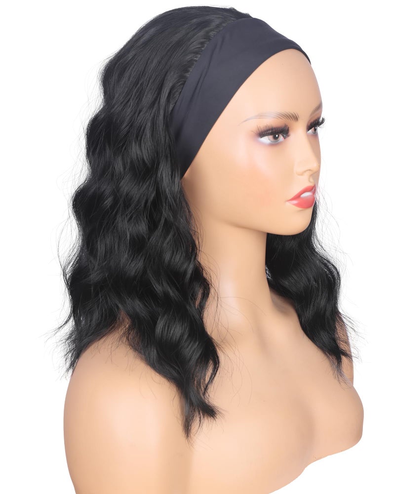 SYMEIW Black Wavy Headband Wig For Black Women Curly Half Wigs With Headband Attached Synthetic Wrap Wigs For Daily Use (Black) - Image 3