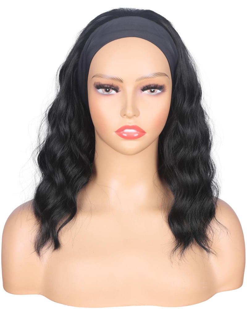 SYMEIW Black Wavy Headband Wig For Black Women Curly Half Wigs With Headband Attached Synthetic Wrap Wigs For Daily Use (Black) - Image 2