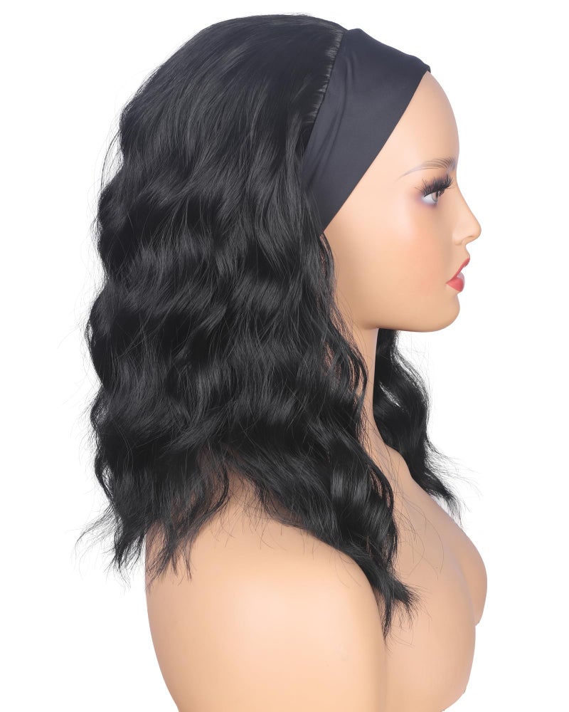 SYMEIW Black Wavy Headband Wig For Black Women Curly Half Wigs With Headband Attached Synthetic Wrap Wigs For Daily Use (Black) - Image 4