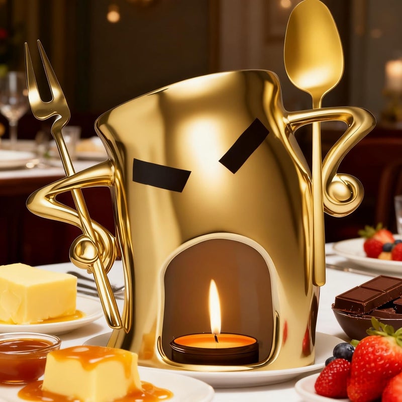 Thavgaf Ceramic Fondue Cup Set w/Built-In Fork & Spoon - Mini Chocolate/Cheese Fondue Mug | Microwave & Dishwasher Safe | Compact Gift-Ready (Gold) - Image 4
