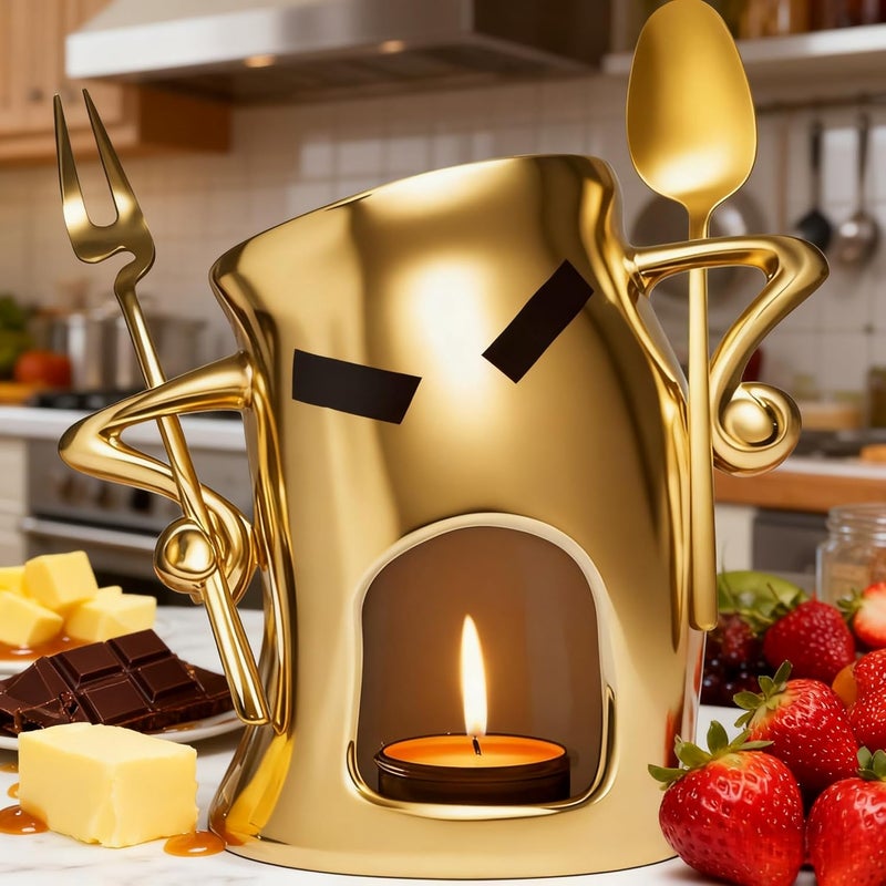 Thavgaf Ceramic Fondue Cup Set w/Built-In Fork & Spoon - Mini Chocolate/Cheese Fondue Mug | Microwave & Dishwasher Safe | Compact Gift-Ready (Gold) - Image 1