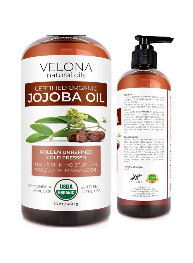 velona Jojoba Oil USDA Certified Organic - 16 oz (With Pump) | 100% Pure and Natural | Golden, Unrefined, Cold Pressed, Hexane Free | Moisturizing Face, Hair, Body, Skin Care, Stretch Marks, Cuticles - Image 1