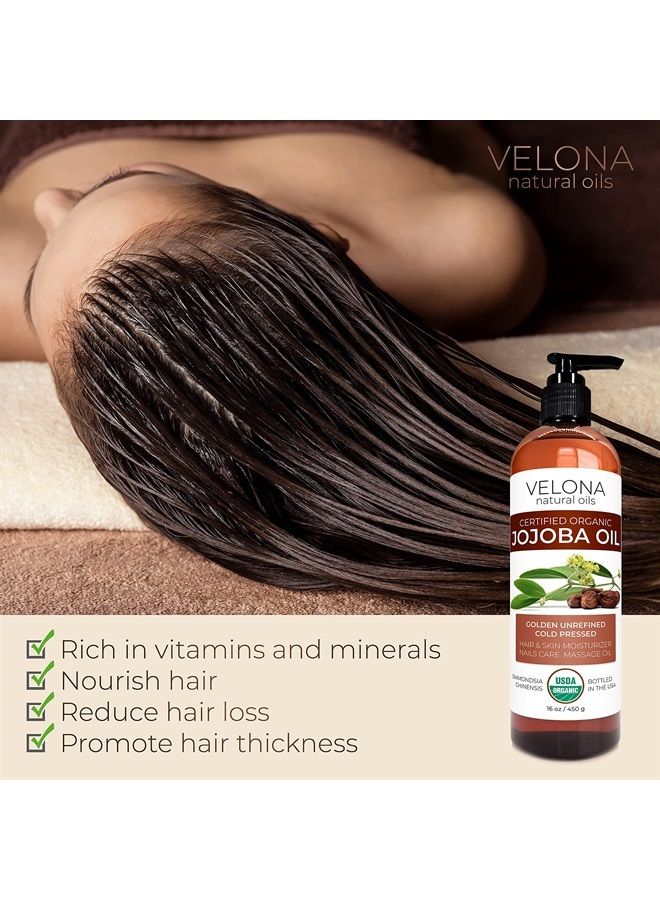 velona Jojoba Oil USDA Certified Organic - 16 oz (With Pump) | 100% Pure and Natural | Golden, Unrefined, Cold Pressed, Hexane Free | Moisturizing Face, Hair, Body, Skin Care, Stretch Marks, Cuticles - Image 2