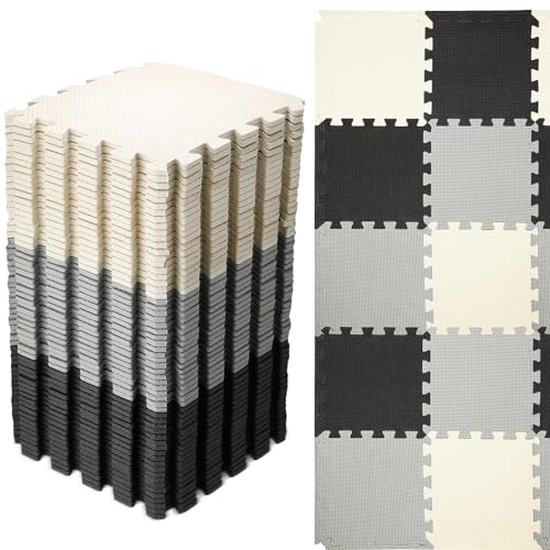 Nuanchu 60 PCS Kids Foam Puzzle Floor Mat Bulk Solid Color Foam Play Mat with Borders Interlocking Multi Use Floor Rug for Children 12 InchBlack White Gray - Image 1