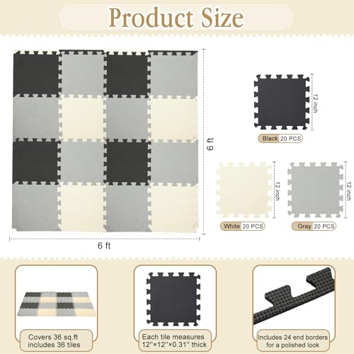 Nuanchu 60 PCS Kids Foam Puzzle Floor Mat Bulk Solid Color Foam Play Mat with Borders Interlocking Multi Use Floor Rug for Children 12 InchBlack White Gray - Image 5