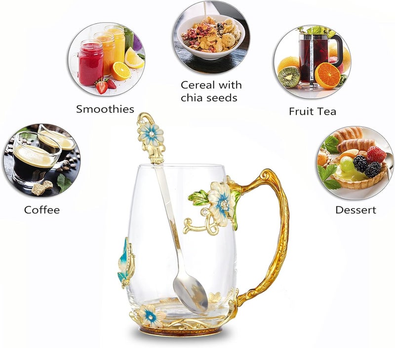 DUMVOIN Tea Cup Glass Coffee MugsFancy Tea Cup Set Birthday Gift Idea for Tea Lover and Man  Women Novelty Coffee Mugs Rose Flower Enamel Cup with Spoon - Image 3