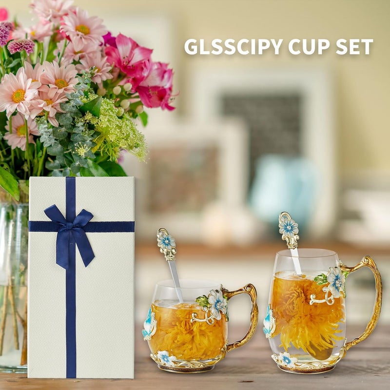 DUMVOIN Tea Cup Glass Coffee MugsFancy Tea Cup Set Birthday Gift Idea for Tea Lover and Man  Women Novelty Coffee Mugs Rose Flower Enamel Cup with Spoon - Image 2