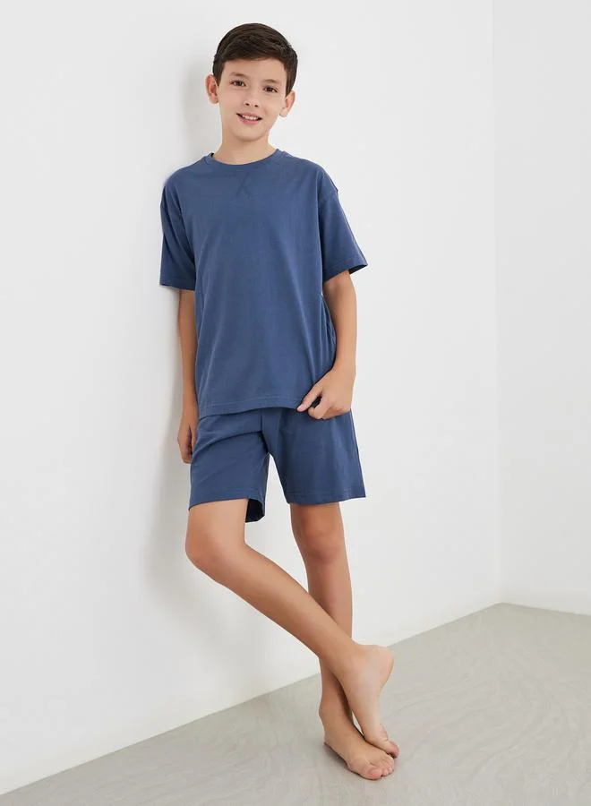 ستايلي Styli Solid Cotton T-Shirt and Shorts Set