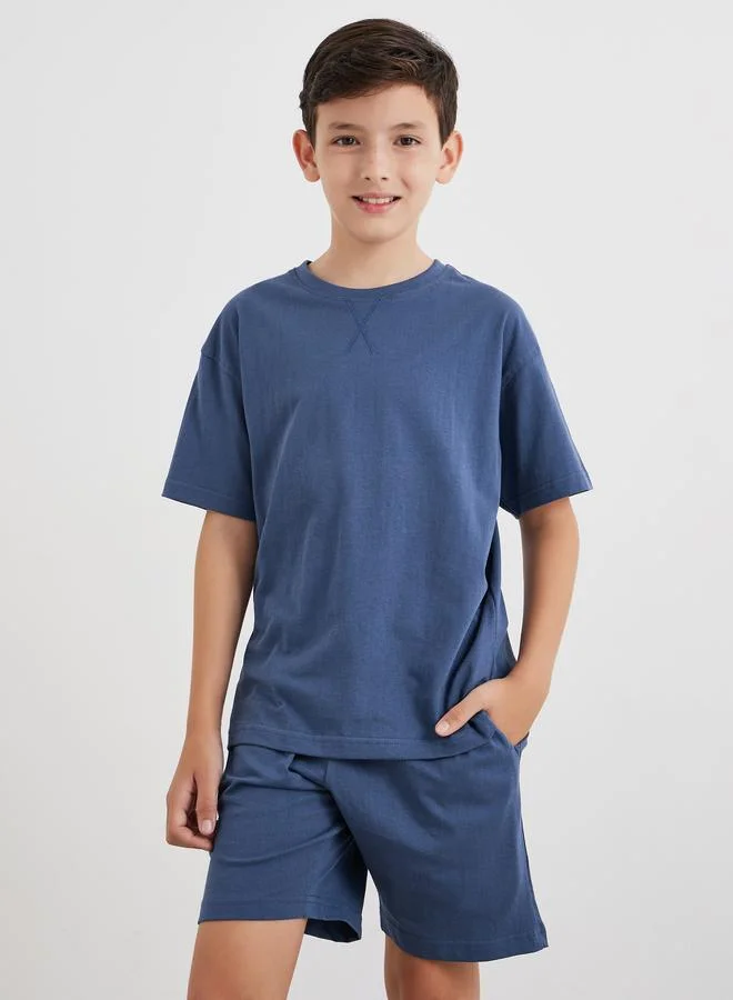 ستايلي Styli Solid Cotton T-Shirt and Shorts Set
