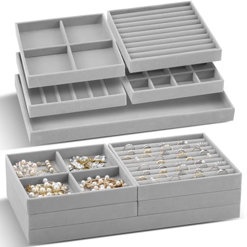 Cinnvoice Set of 10 Stackable Jewelry Organizer Trays for Drawer 14 Inch Velvet Jewelry Drawer Insert Display Storage with Removable Divider for Necklace Earring Ring Watch Bracelet Gray - Image 1