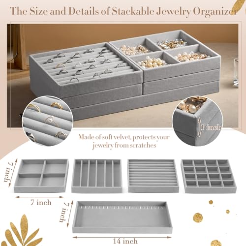 Cinnvoice Set of 10 Stackable Jewelry Organizer Trays for Drawer 14 Inch Velvet Jewelry Drawer Insert Display Storage with Removable Divider for Necklace Earring Ring Watch Bracelet Gray - Image 3