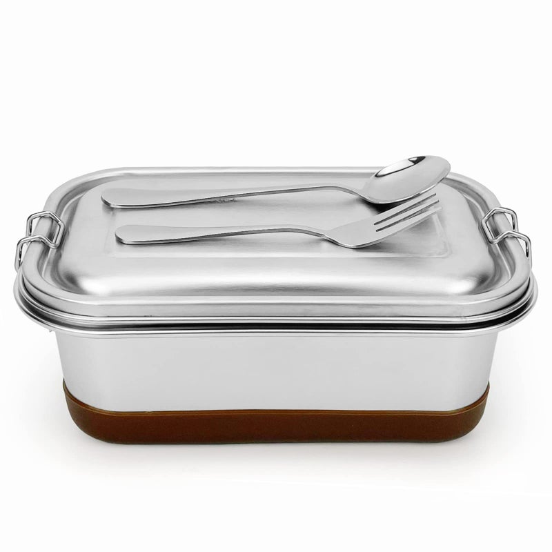 Lunbengo Large Metal Lunch Container with Leakproof Lid  Stainless Steel Meal Prep Container with 500ml Divided Compartments - Spoon&Fork/Anti-slip Rubber  8.7'' x 5.5'' - Image 2