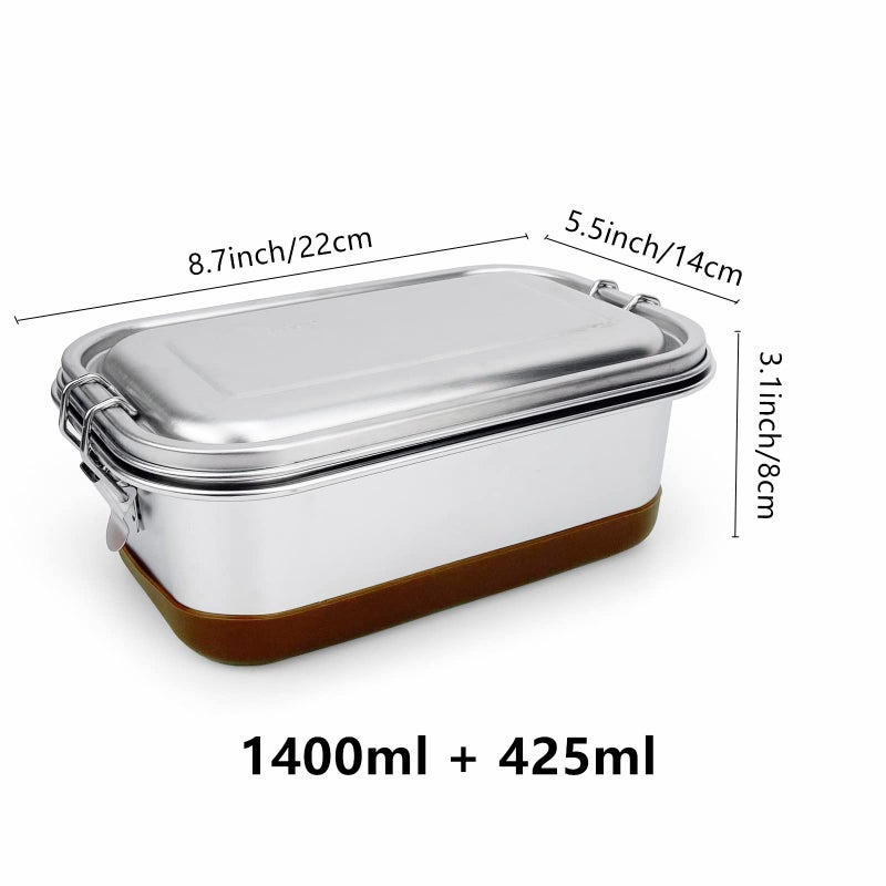 Lunbengo Large Metal Lunch Container with Leakproof Lid  Stainless Steel Meal Prep Container with 500ml Divided Compartments - Spoon&Fork/Anti-slip Rubber  8.7'' x 5.5'' - Image 4