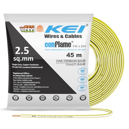 KEI CONFLAME FRLSH 2.5 sqmm 1 Core Copper Heat Resistant Flame Retardant Low Smoke & Halogen - Lead Free House Wire for Domestic & Industrial Electrical Wiring (Yellow, 45 Meters) - Image 1