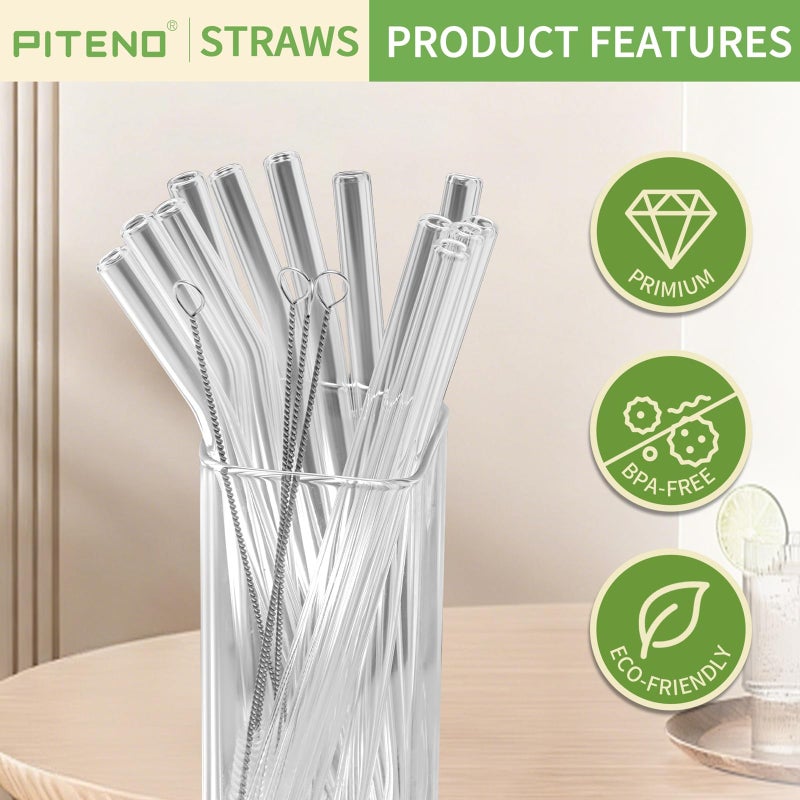 PitenoÂ® 16-Pack Reusable Glass Straws Set, Clear Glass Drinking Straws, 8.5''x10MM, Set of 6 Straight and 6 Bent with 4 Cleaning Brushes, Perfect for Smoothies, Milkshakes, Juice, Tea - Image 4