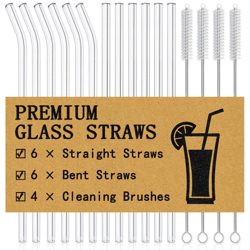 PitenoÂ® 16-Pack Reusable Glass Straws Set, Clear Glass Drinking Straws, 8.5''x10MM, Set of 6 Straight and 6 Bent with 4 Cleaning Brushes, Perfect for Smoothies, Milkshakes, Juice, Tea - Image 1