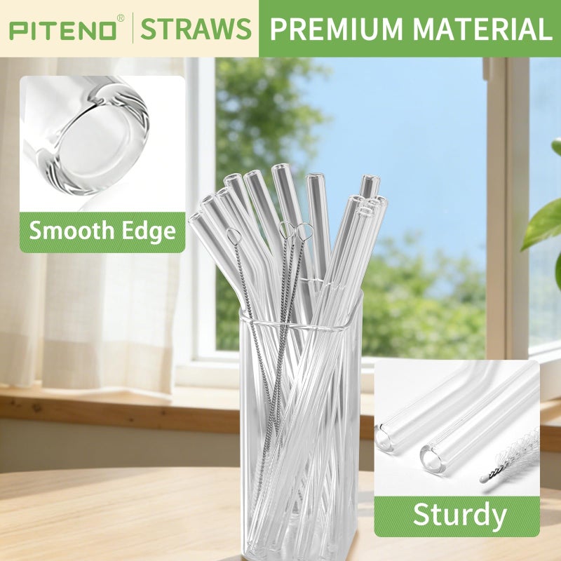 PitenoÂ® 16-Pack Reusable Glass Straws Set, Clear Glass Drinking Straws, 8.5''x10MM, Set of 6 Straight and 6 Bent with 4 Cleaning Brushes, Perfect for Smoothies, Milkshakes, Juice, Tea - Image 3