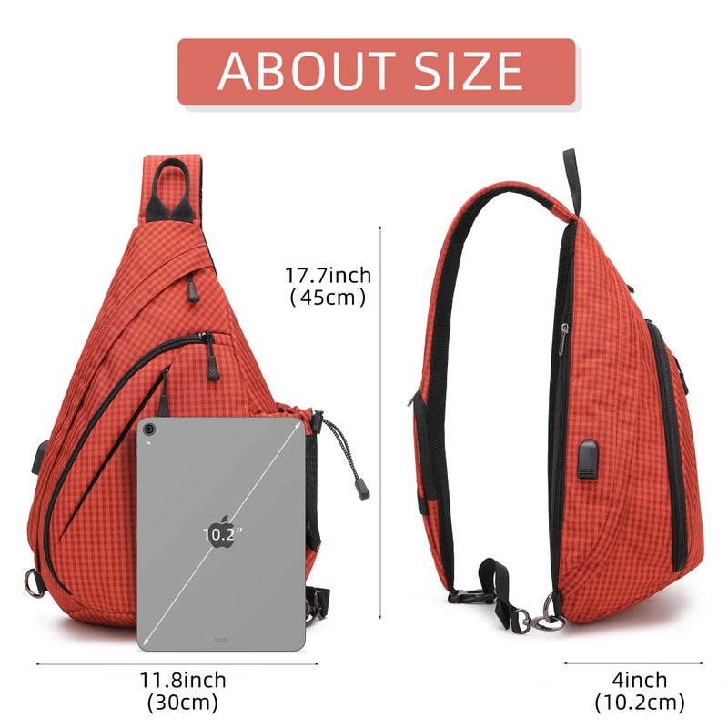 TurnWay Water-Proof Sling bag/Crossbody Backpack/Shoulder Bag with USB Charging Port for Travel, Hiking, Cycling, Camping (Orange Grid) - Image 3