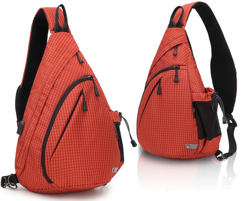 TurnWay Water-Proof Sling bag/Crossbody Backpack/Shoulder Bag with USB Charging Port for Travel, Hiking, Cycling, Camping (Orange Grid) - Image 1