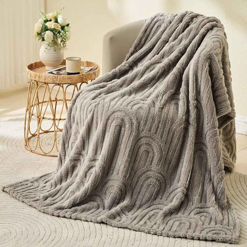 Wajade Fleece Throw Blanket, Fluffy Faux Fur Blanket for Bed Sofa Couch, Soft Warm Thick Blanket,Light Grey 127x178 - Image 1