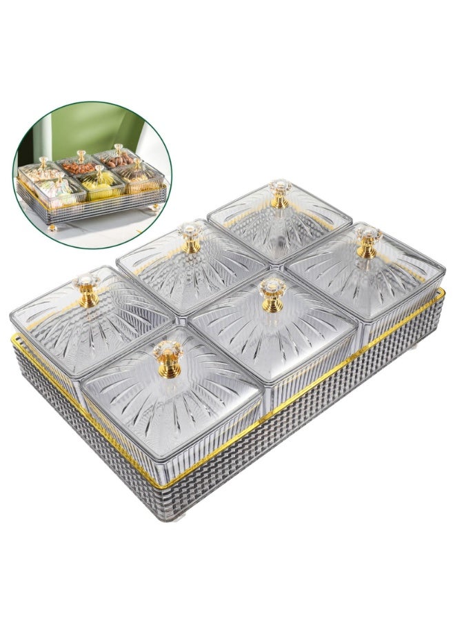 وانغبانغزي ٦ قطع صينية وجبات خفيفة مقسمة مع غطاء – صواني أنيقة لفواكه، مكسرات، حلويات، مقبلات وحفلات – أطباس تقديم بلاستيكية بمقبض - Image 1