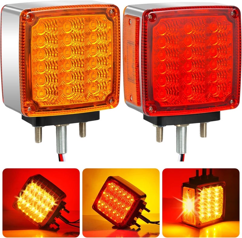 Aukmak 2pcs Amber + Red 39 LED Square Pedestal Lights Stud Mount Trailer Fender Lights Double Face Semi Truck LED Turn Signal Light Trucks Accessories Side Marker - Image 1