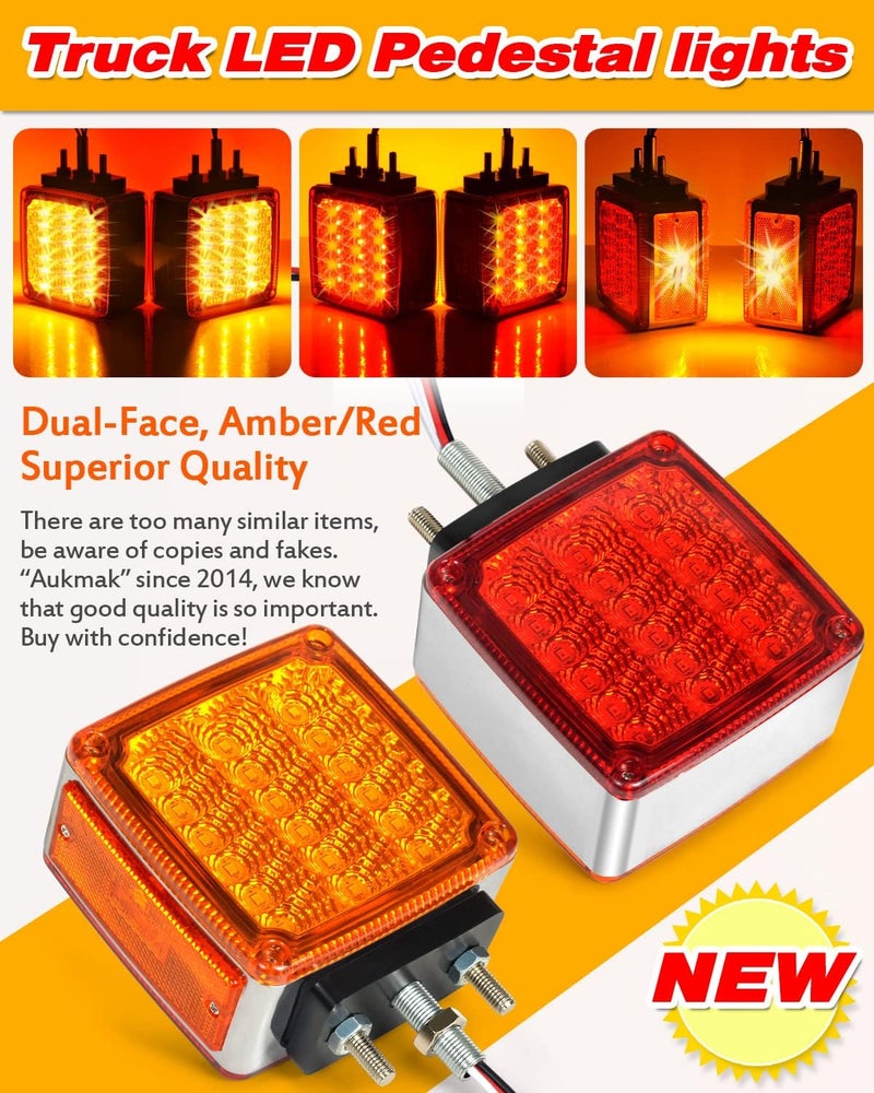 Aukmak 2pcs Amber + Red 39 LED Square Pedestal Lights Stud Mount Trailer Fender Lights Double Face Semi Truck LED Turn Signal Light Trucks Accessories Side Marker - Image 2