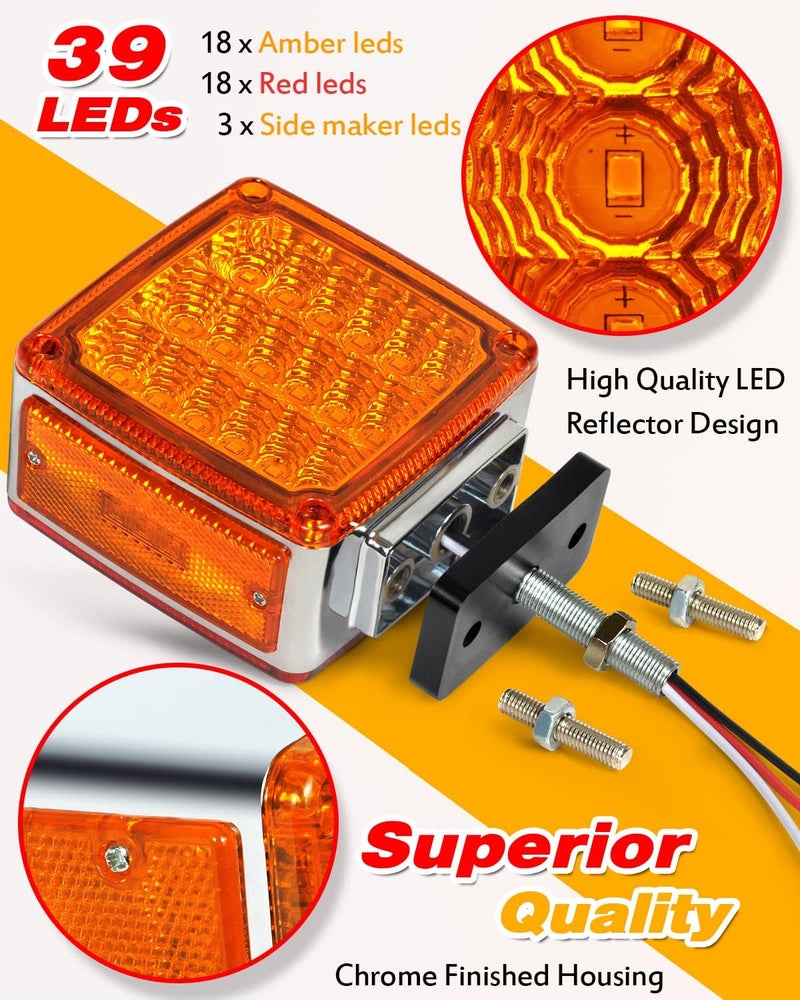 Aukmak 2pcs Amber + Red 39 LED Square Pedestal Lights Stud Mount Trailer Fender Lights Double Face Semi Truck LED Turn Signal Light Trucks Accessories Side Marker - Image 3