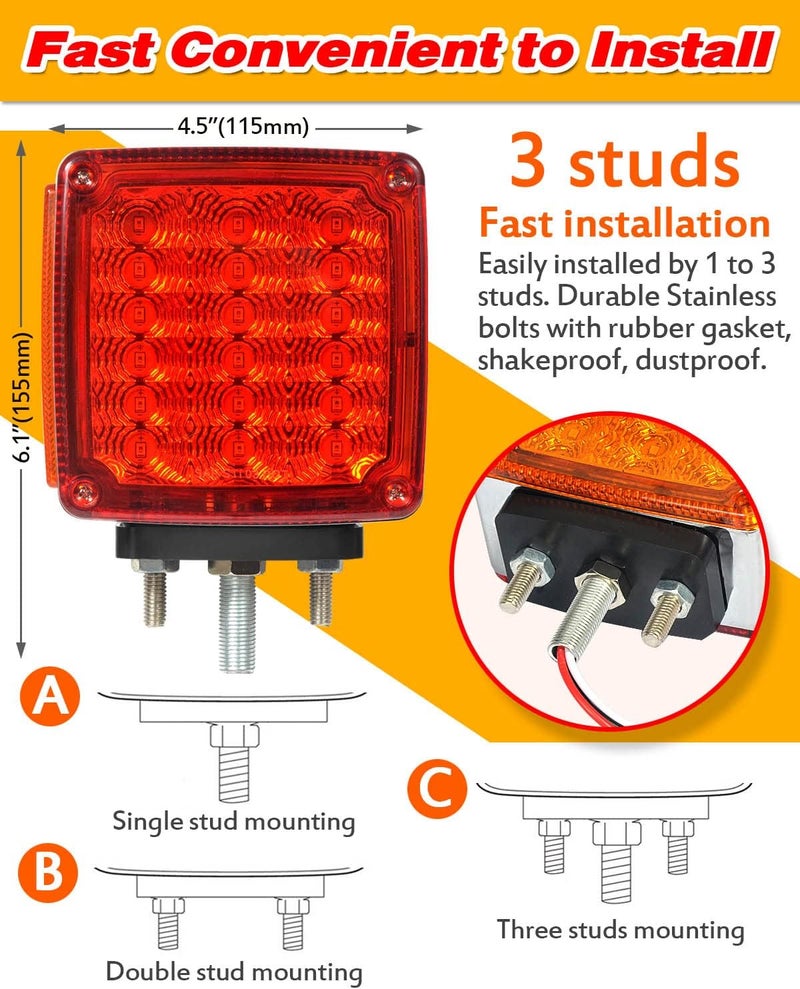 Aukmak 2pcs Amber + Red 39 LED Square Pedestal Lights Stud Mount Trailer Fender Lights Double Face Semi Truck LED Turn Signal Light Trucks Accessories Side Marker - Image 5