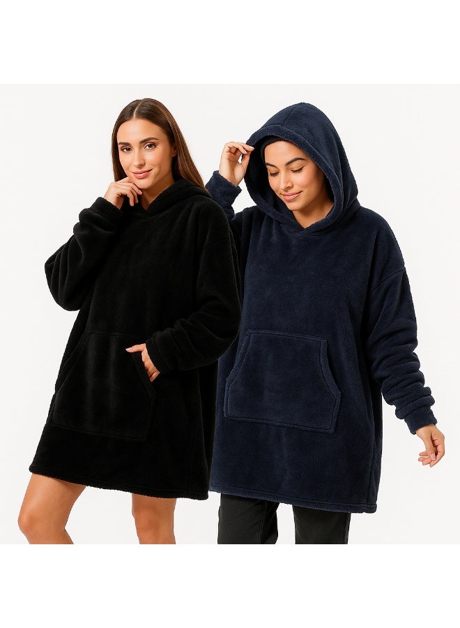 سنوز طقم قطعتين، دفاية قابله للارتداء سنوز أوفر سايز مع غطاء للرأس، بلاك & دارك بلو - Image 4