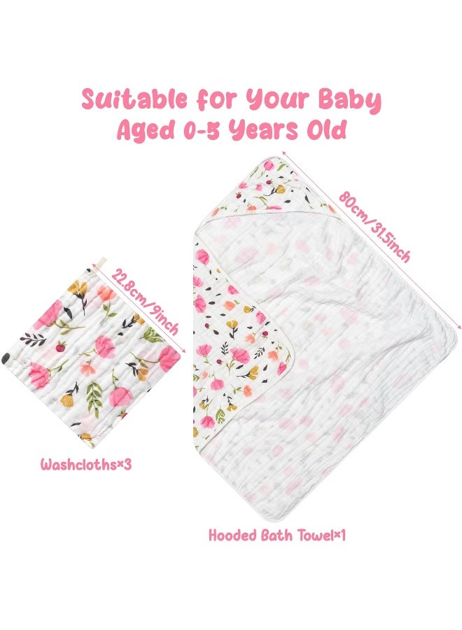 Zainpe 4Pcs Muslin Baby Hooded Towel & Washcloth Set Pink Flowers Pattern Soft Absorbent Cotton Bath Hood Towels for Newborn Toddlers Essentials Boys Girls Infant Shower Gift 31.5 x 31.5 in - Image 2