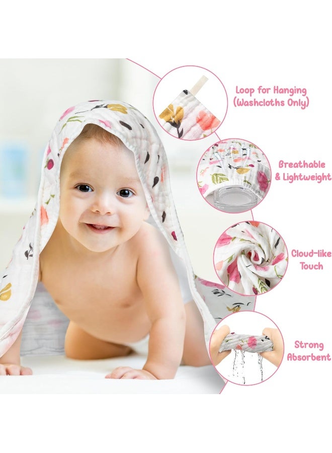 Zainpe 4Pcs Muslin Baby Hooded Towel & Washcloth Set Pink Flowers Pattern Soft Absorbent Cotton Bath Hood Towels for Newborn Toddlers Essentials Boys Girls Infant Shower Gift 31.5 x 31.5 in - Image 3