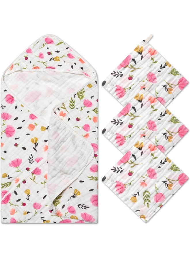 Zainpe 4Pcs Muslin Baby Hooded Towel & Washcloth Set Pink Flowers Pattern Soft Absorbent Cotton Bath Hood Towels for Newborn Toddlers Essentials Boys Girls Infant Shower Gift 31.5 x 31.5 in - Image 1