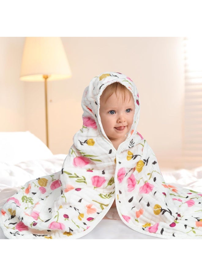 Zainpe 4Pcs Muslin Baby Hooded Towel & Washcloth Set Pink Flowers Pattern Soft Absorbent Cotton Bath Hood Towels for Newborn Toddlers Essentials Boys Girls Infant Shower Gift 31.5 x 31.5 in - Image 4