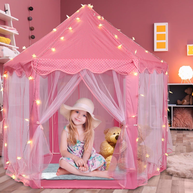 Volscity Princess Tent with LED Star LightsKids Castle Play Tent for GirlsLarge Playhouse Girl Toy Gifts Age 3Indoor and Outdoor Games 555x 53DxH - Image 3