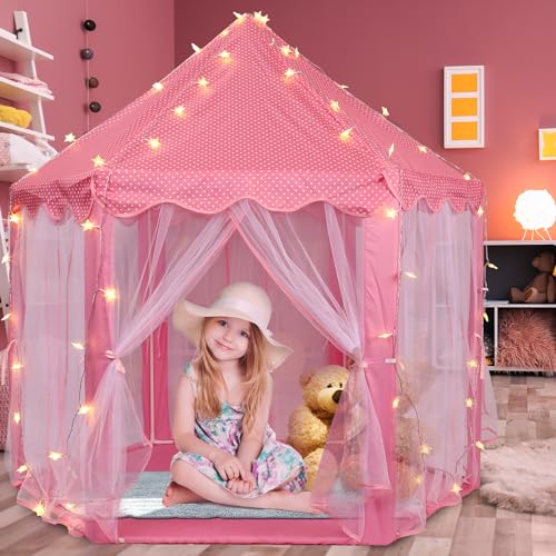 Volscity Princess Tent with LED Star LightsKids Castle Play Tent for GirlsLarge Playhouse Girl Toy Gifts Age 3Indoor and Outdoor Games 555x 53DxH - Image 1