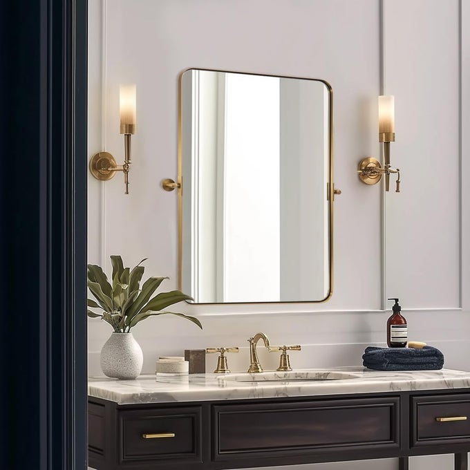 20X30 BRUSHED GOLD PIVOT MIRROR FOR BATHROOM BRASS METAL FRAME BATHROOM MIRRORS FOR WALLRECTANGLE TITLING VANITY WALL MIRROR WITH ROUNDED CORNER DESIGN HANGS VERTICALLY ONLY