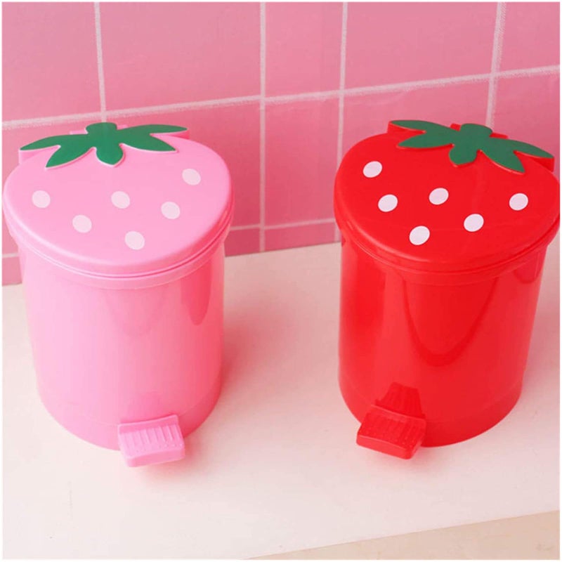 BxuxJar Strawberry Trash Can 1 Gallon Cute Trash Can Plastic Desk Kawaii Room Decor for Bedroom Small Pink TrashCan with 03 Gallon Mini Garbage Can and 2 Rolls Garbage Bag