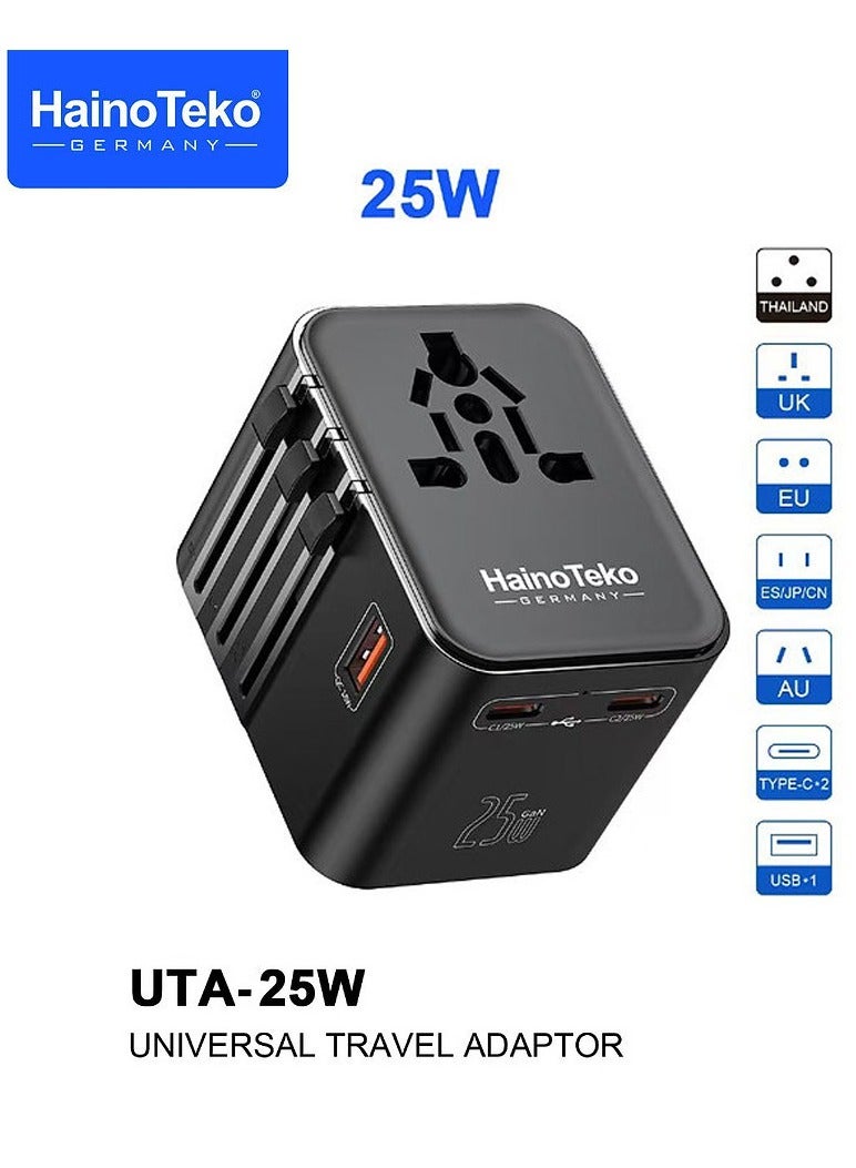 HainoTeko UTA-25W Universal Travel Adapter – 25W Fast Charging with Multi-Region Compatibility and Multiple Output Options Black