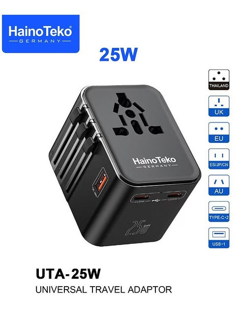 محول السفر العالمي HainoTeko UTA-25W - شحن سريع 25 وات مع توافق متعدد المناطق وخيارات إخراج متعددة أسود