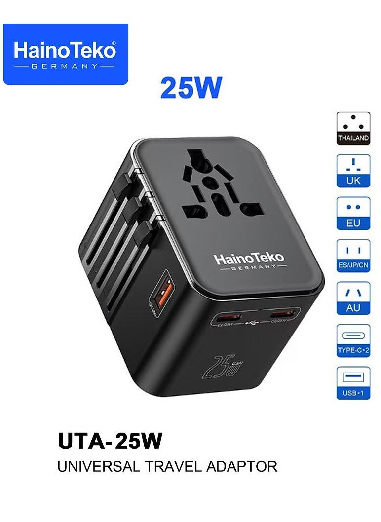 HainoTeko HainoTeko UTA-25W Universal Travel Adapter – 25W Fast Charging with Multi-Region Compatibility and Multiple Output Options Black  - Image 1