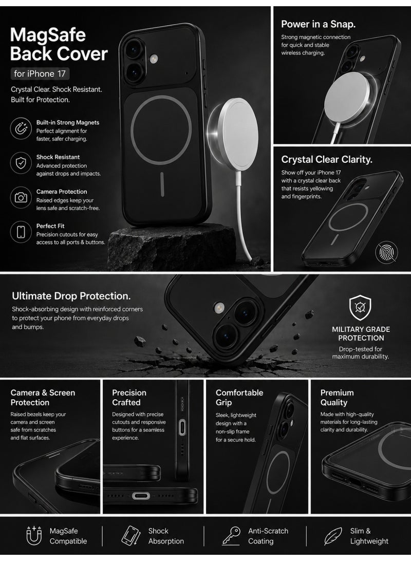 غطاء خلفي MagSafe لهاتف ايفون 17، كريستالي مقاوم للصدمات مع حماية للكاميرا، أسود - Image 2