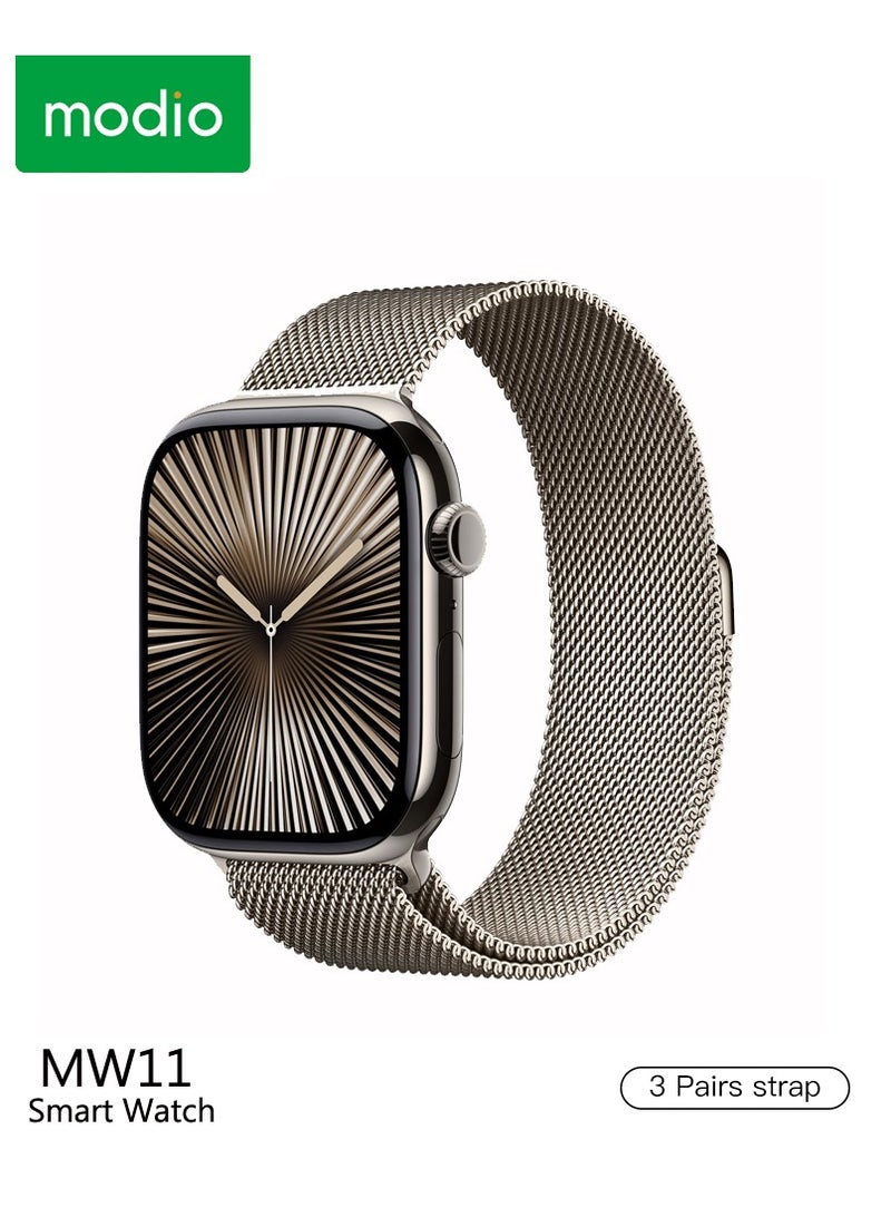 Modio MW11 Smartwatch 2.2 Inch Full Screen Display with 3 Interchangeable Straps and Charging Cable For Ladies and Gents Silver - Image 1
