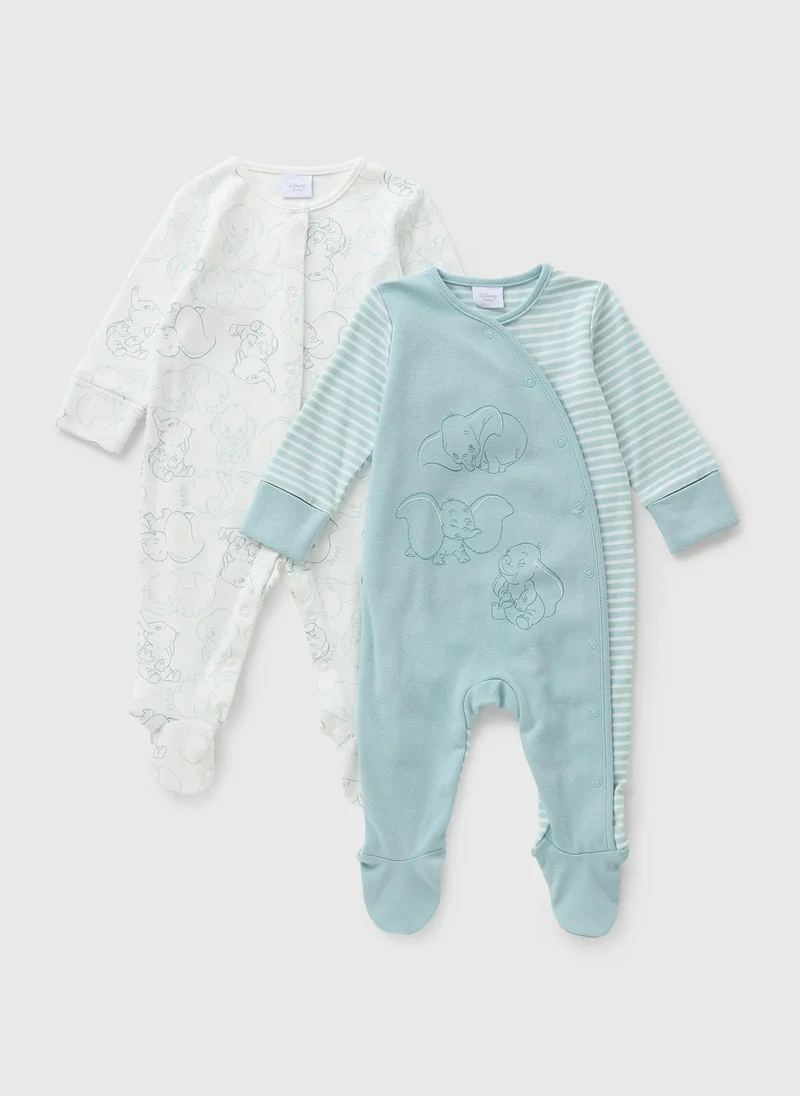Matalan Disney 2 Pack Baby Blue Dumbo Sleepsuits