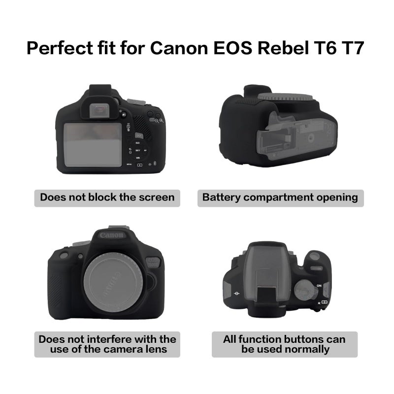 Easy Hood Soft Silicone Camera Case Cover for Canon Rebel T6/1300D, T7/1500D DSLR - Black with Button Marking - Image 4