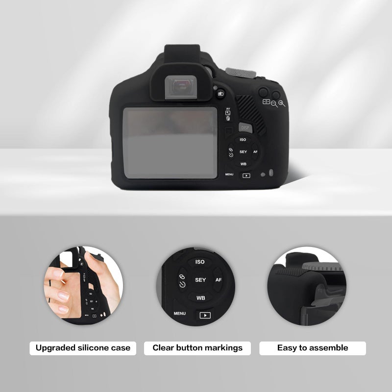 Easy Hood Soft Silicone Camera Case Cover for Canon Rebel T6/1300D, T7/1500D DSLR - Black with Button Marking - Image 3