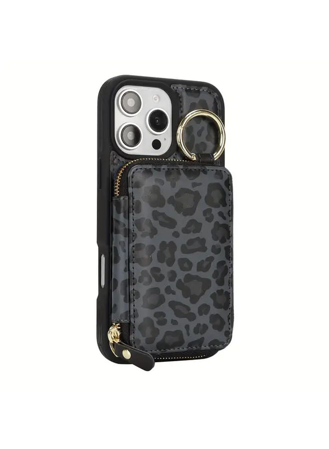 Deep Purple Leopard Print Phone Wallet For iPhone 14 Plus With Card Slot Zipper And Ring Holder - Image 2