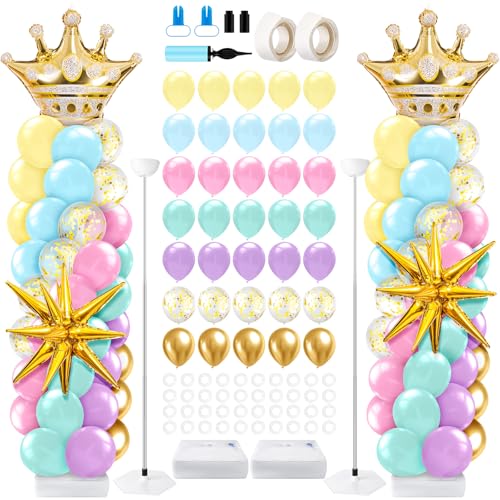 LaRandom 2 Sets Princess Balloon Column Stand Kit with Crown Exploding Star Foil Balloon Pastel Rainbow Balloons Arch Garland for Princess Birthday Wedding Baby Shower Decorations Party Supplies - Image 1