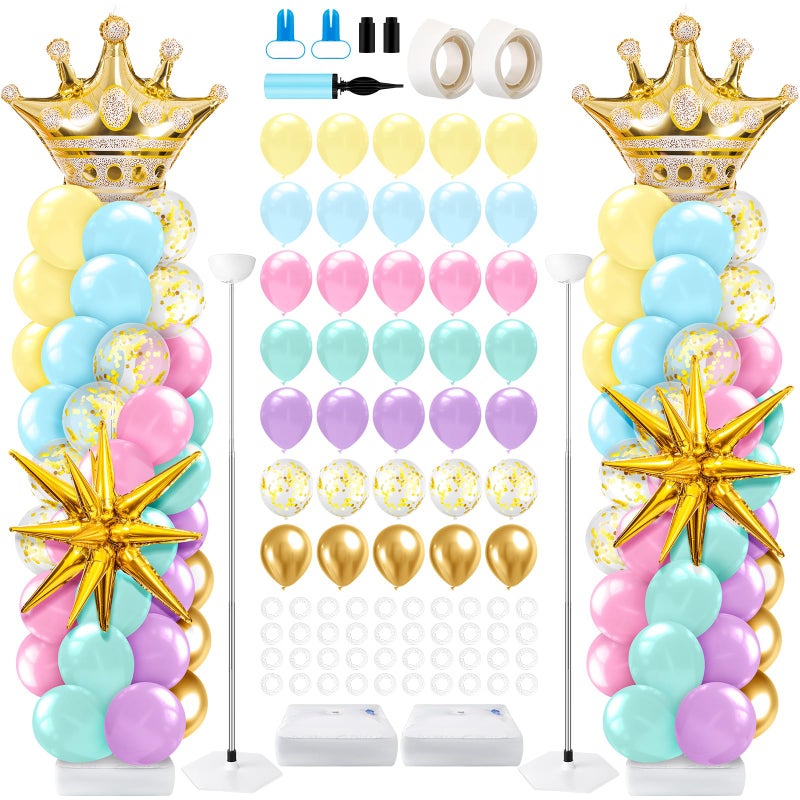 LaRandom 2 Sets Princess Balloon Column Stand Kit with Crown Exploding Star Foil Balloon Pastel Rainbow Balloons Arch Garland for Princess Birthday Wedding Baby Shower Decorations Party Supplies - Image 3
